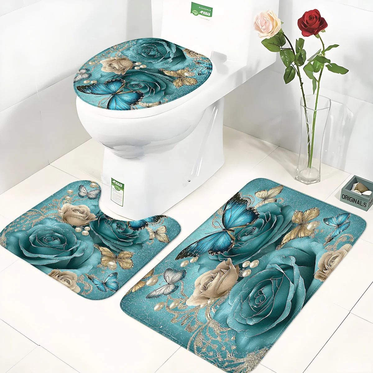 3-teiliges Badezimmerteppich-Set in Blaugrün mit Rosen- und Schmetterlingsmotiv, Rutschfester Saugfähiger Toilettenteppich