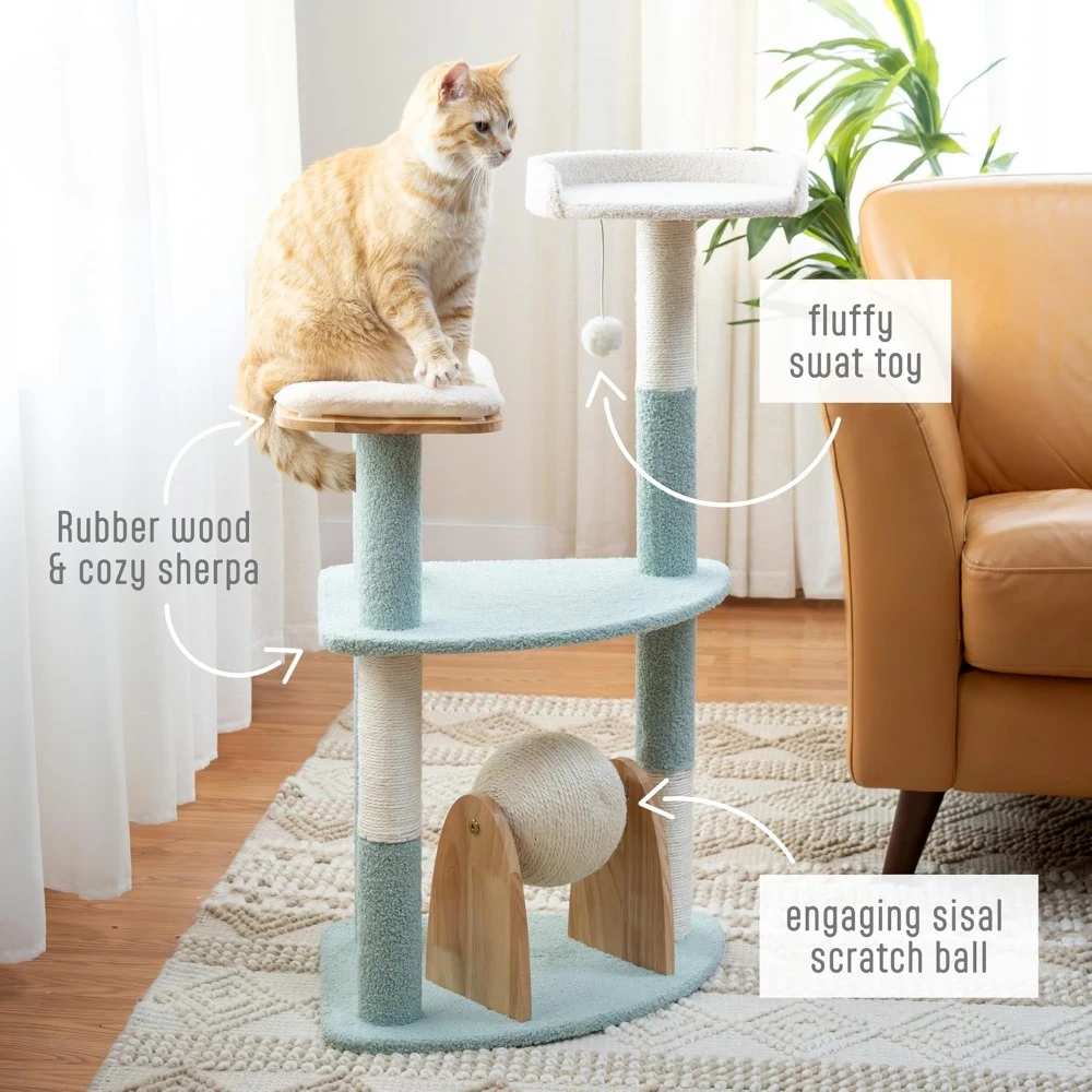 Triple Perch Wooden Cat Tower with Toys