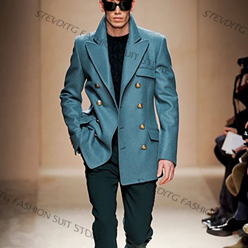 

Men's Teal Suits Double Breasted Mid-length Coat Warm 2 Piece(Jacket+Pants) Set for Winter Streetwear Daily Office Outfit