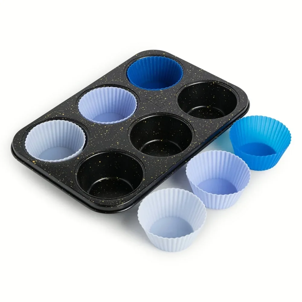 6 Cup Jumbo Muffin Pan Non Stick with 6 Silicone Liners Durable Aluminized Steel Baking Tray Easy Clean Dishwasher Safe