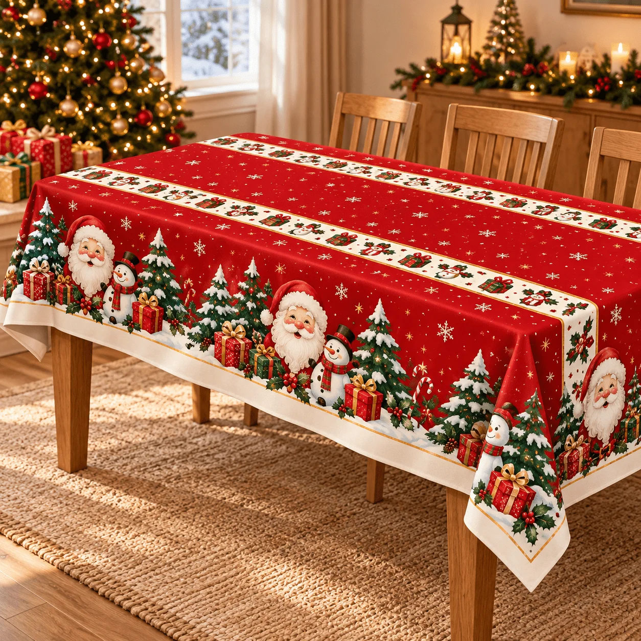 1 square tablecloth for a Christmas atmosphere! Santa, snowman, cedar and gift prints