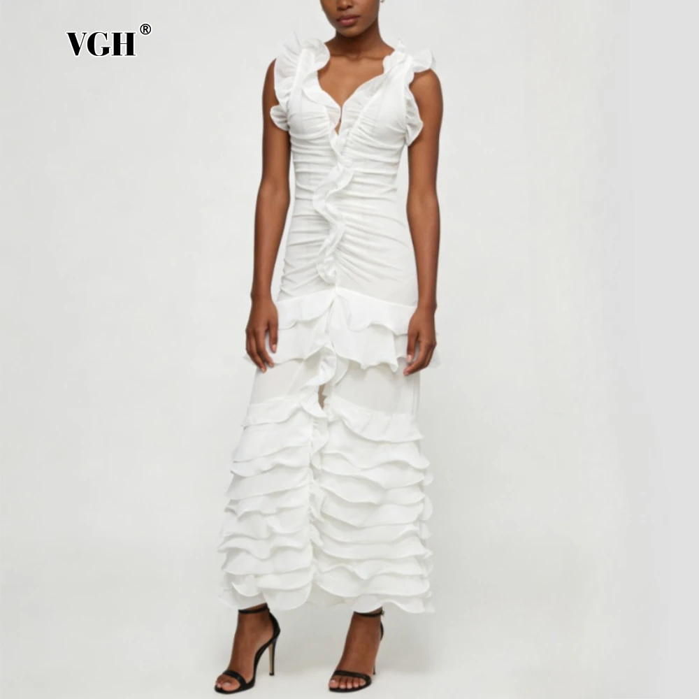 VGH Weiße, locker geschnittene, schicke Kleider mit Rüschen für Damen, V-Ausschnitt, ärmellos, französisches minimalistisches Kleid, weiblicher Sommermode-Stil, neu