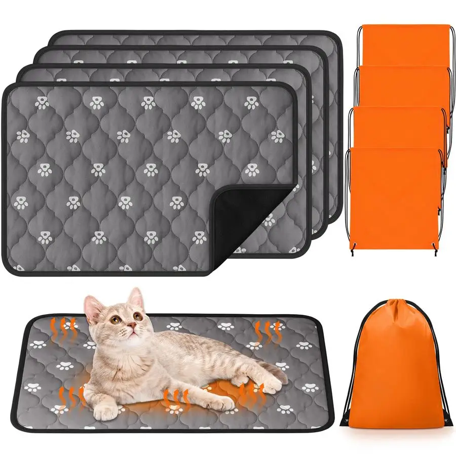 

4 Pack 23 x 35 Inches Self Heating Cat Pad Mat Warming Pet Dog Bed Non Slip Washable Cat Kennel Crate Pad with Storage Bag for I