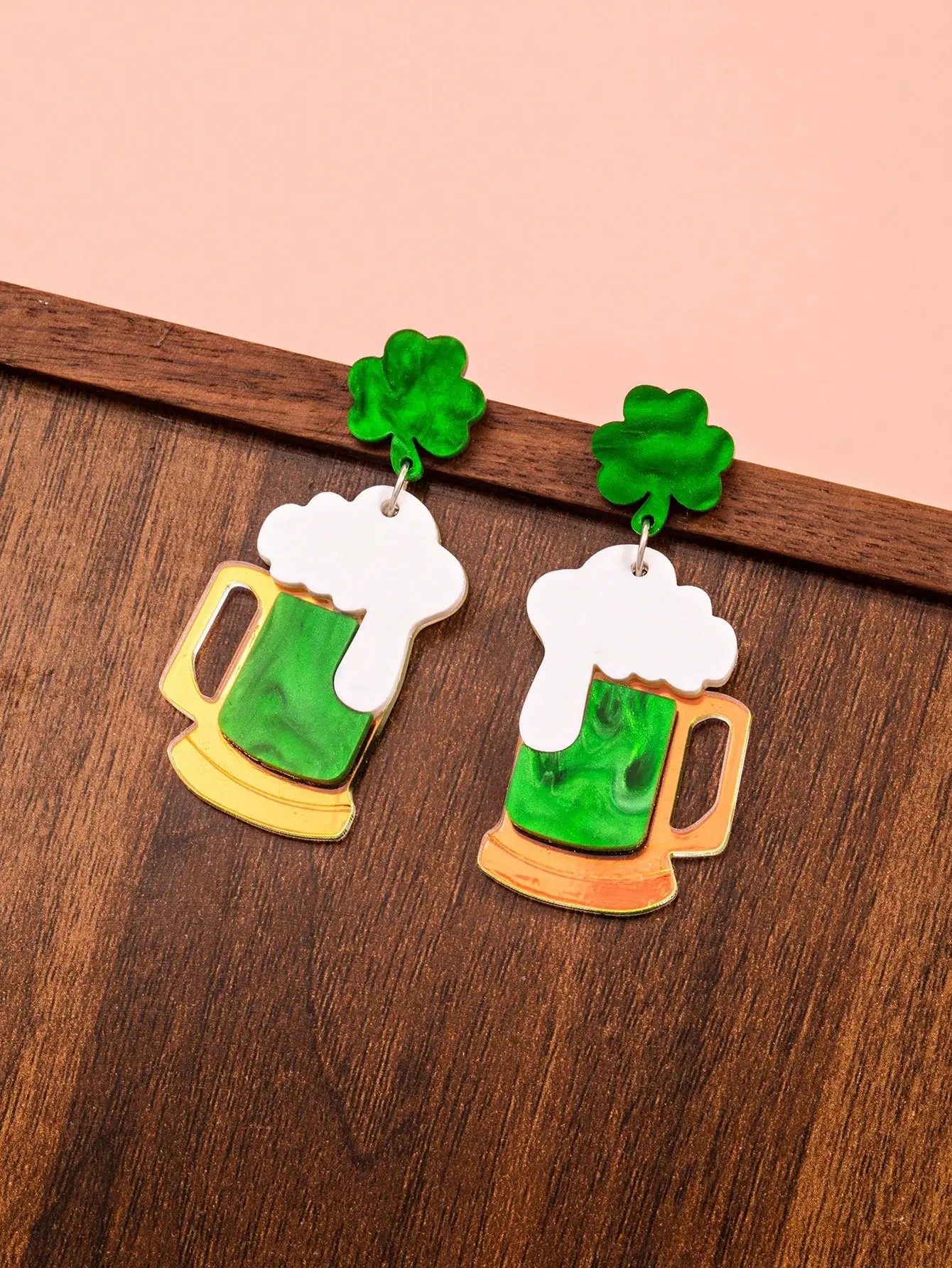 St. Patrick’s Day Beer Mug Earrings With Shamrock Top, Festive Casual Jewelry Accessory For Holiday Gift (No Card)