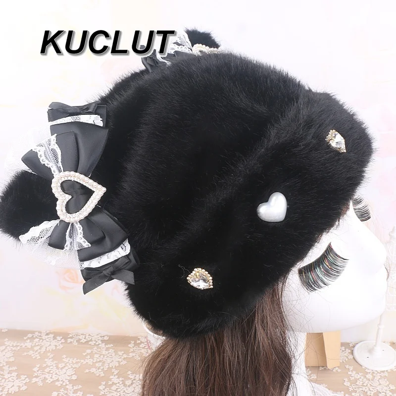 Original Lolita süße schwere Handwerksschleife importierte Spitze Strass flauschige Mütze für Frauen Herbst und Winter warme Damenmützen