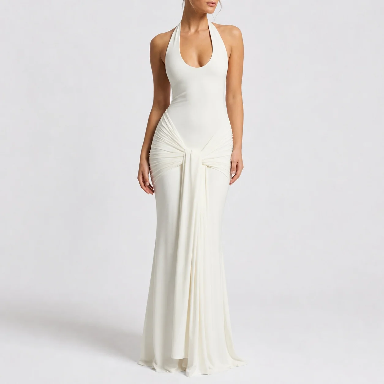 Women's Summer Wedding Guest Dress: Sleeveless U Neck High Waist Wrap Long Solid Color Knit Party Dress for Wedding Party Prom