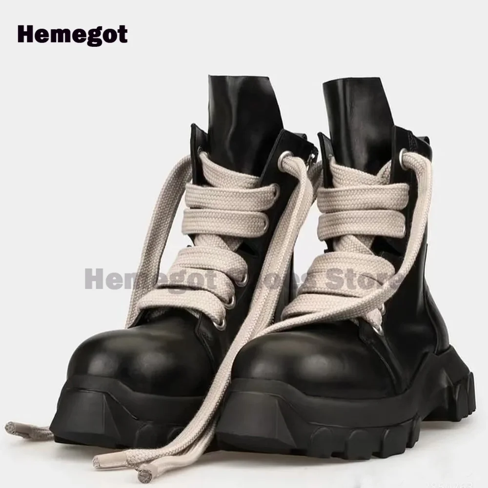 

Men Leather Boots Male Round Toe Lace Up Streetwear Side Zipper Height Increasing Men's Shoes Niche New Arrival Neutral Trendy