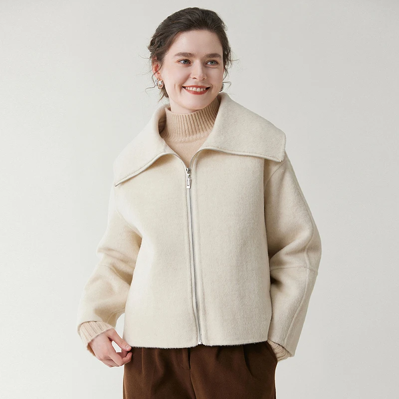 100% Wool Coat Autumn And Winter New Large Lapel Short Style Fashionable Casual Korean Version Women'S Coat Loose Zip-Up Top