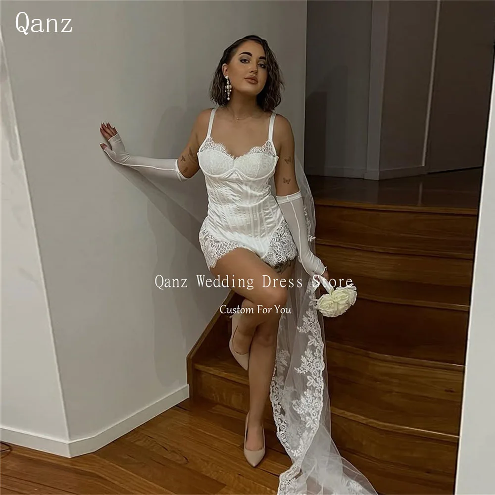 

Qanz Short Spaghetti Straps Wedding Dress Lace Appliques Mini Backless Bridal Gowns Vestidos De Boda Para Fiestas Customized