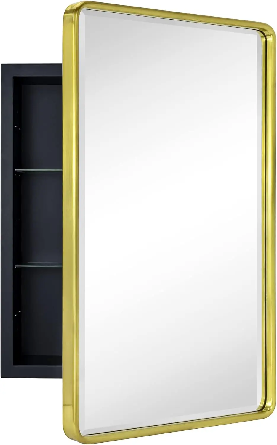 TEHOME Farmhouse Brushed Gold Metal Framed Recessed Bathroom Medicine Cabinet Beveled Mirror Rounded Rectangle 16x24''