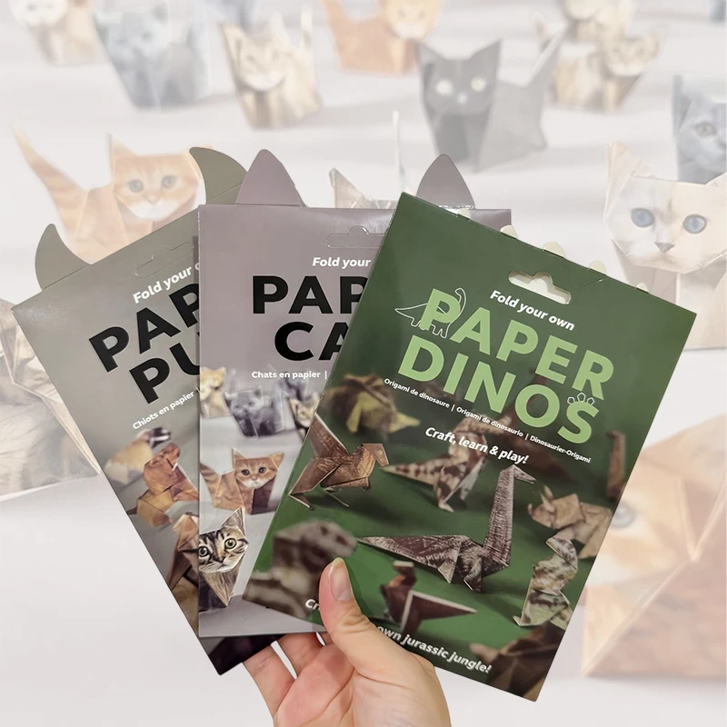 50Pcs DIY Origami Paper Cats Dogs Dinosaurs Kit Fold Your Own Animal Craft Cute 3D Desk Decor Toy for Adults Beginners Gift