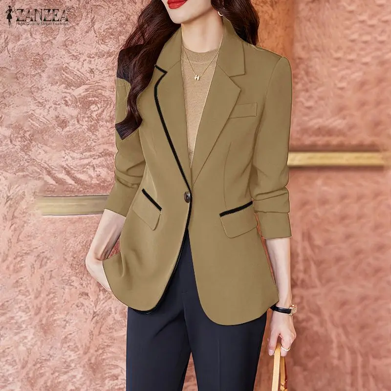 

Women's Elegant Chic Blazer Lapel Neck Long Sleeve Contrast-Trim Single Button Suit Jackets ZANZEA Casual Commuting Thin Coats