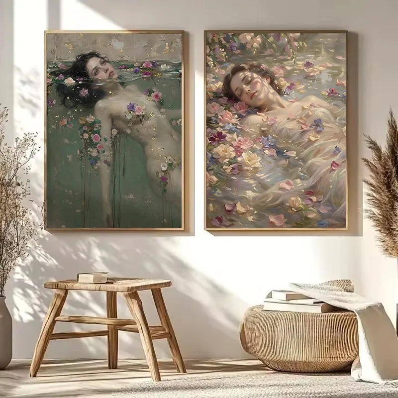 Vintage Ophelia en agua chica de ensueño Shakespeare cartel barroco literario imágenes artísticas de pared lienzo pintura decoración del hogar regalo