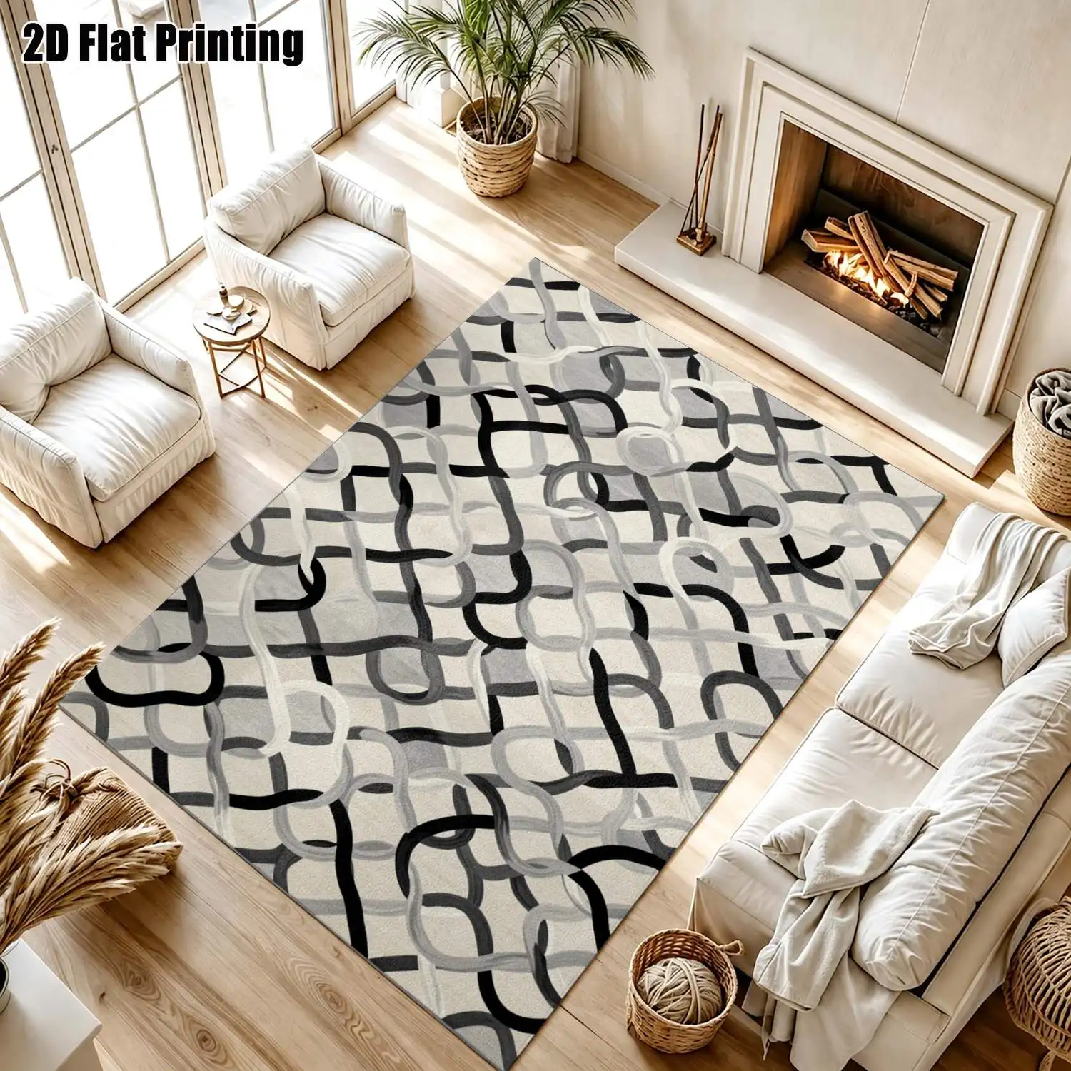 1Pc 2D Printed Nordic/European Style Geometric Curve Carpet, Modern Minimalist Floor Mat, Instagram-Style, Washable, Multi-Size, for Entrance, Dining, Foyer, Living Room, Bedroom Home Decor