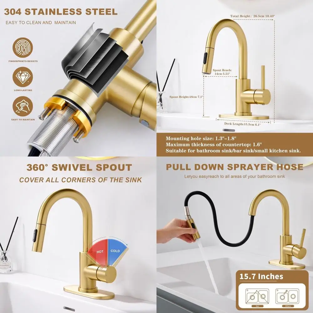 

Single Handle Pull-Out Spray Faucet with Pop-Up Drain, Brushed Gold Laundry Sink Faucet for 1 or 3 Holes