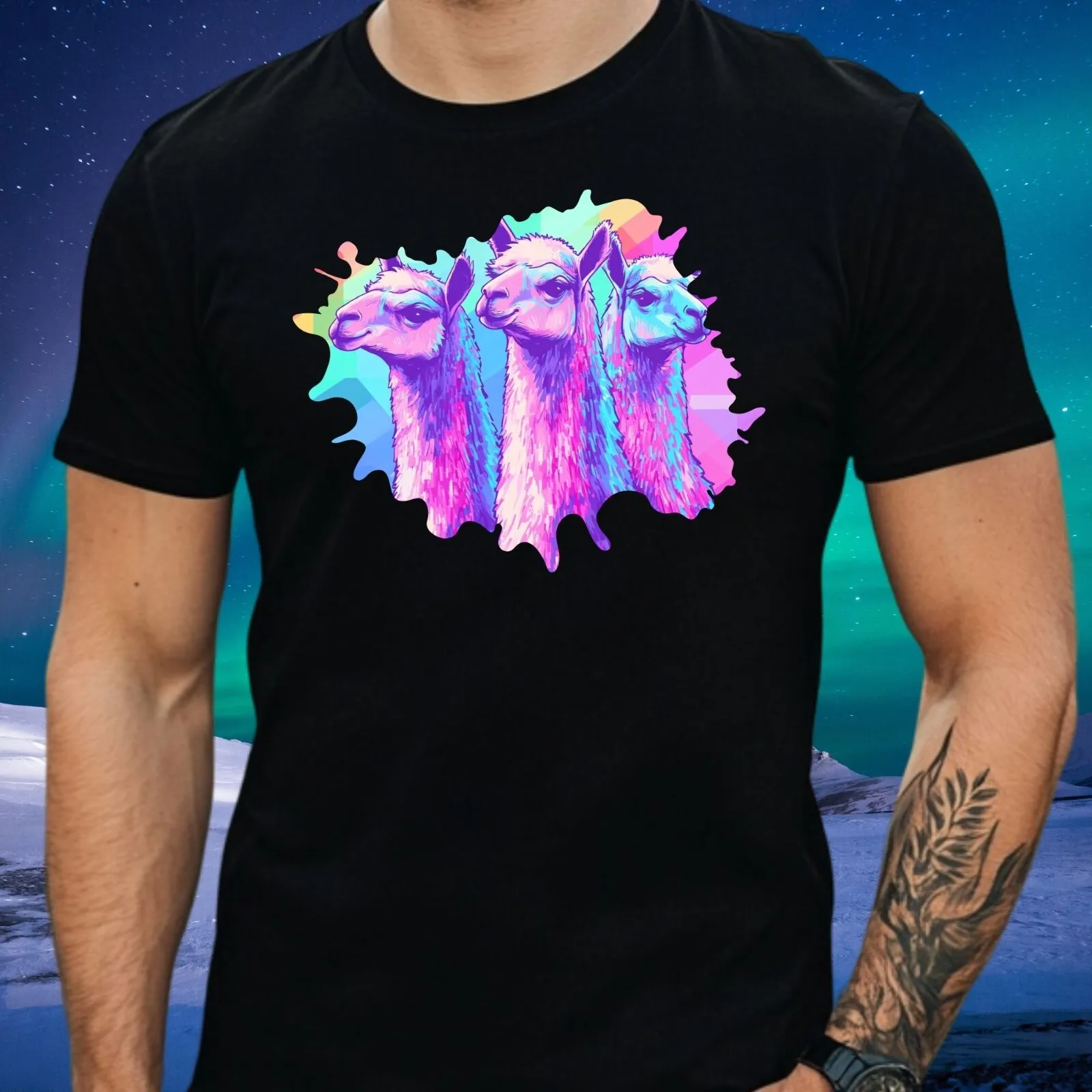 Herren-T-Shirt aus Baumwolle mit Glitch-Effekt und Lama-Motiv, Größe XS bis 5XL