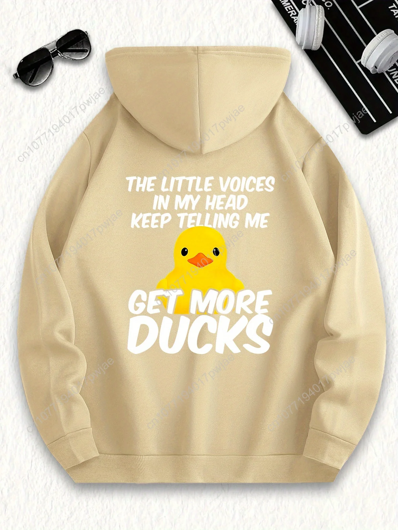[Болстовка с игривой уткой] Повседневная коричневая мужская толстовка с капюшоном |   Толстовка с игривым рисунком и дизайном желтой утки — «Маленькие голосы в моем голове»
