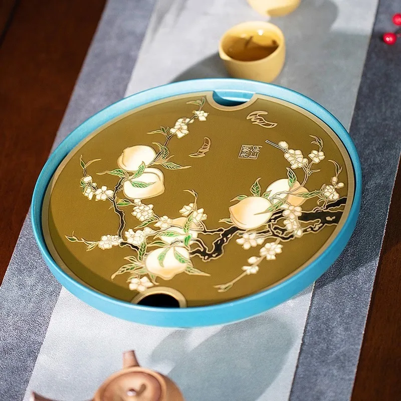 Zhu Bingren Copper Double Blessing Round Tea Tray Ceramic Water‑Storage Dry Brew Tray Creative Copper Drain Tray Home Tea Gift