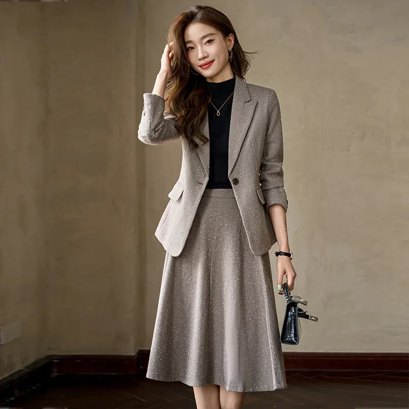 Insozkdg Autumn Winter 2024 Commuter One-button Slim-fit Professional Long-sleeved Suit Jacket A-line Skirt Two-piece Set Women