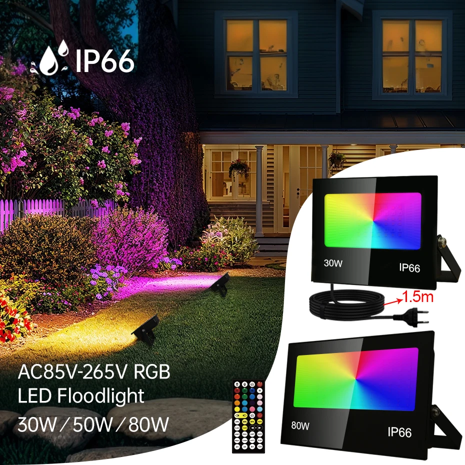 

EU AU UK US Plug 30W 50W 80W Outdoor RGB LED Flood Light with Remote Control IP66 Led Floodlight Lamp For Home Garden Lighting