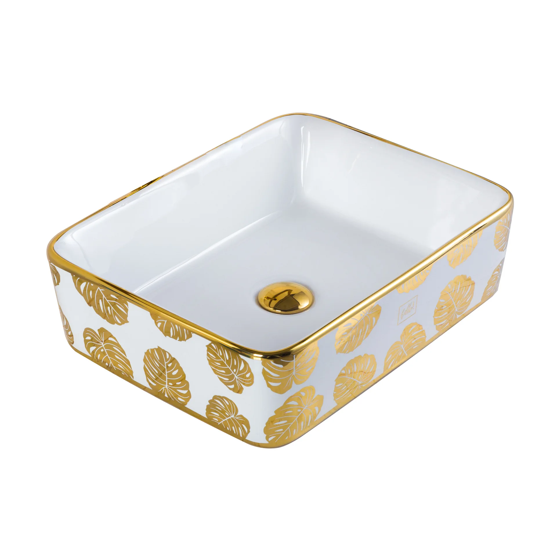 

Platform Basin Electroplated Vegetable Basin Ceramic Washbasin Square Washbasin Golden Leaf Flower Art Basin