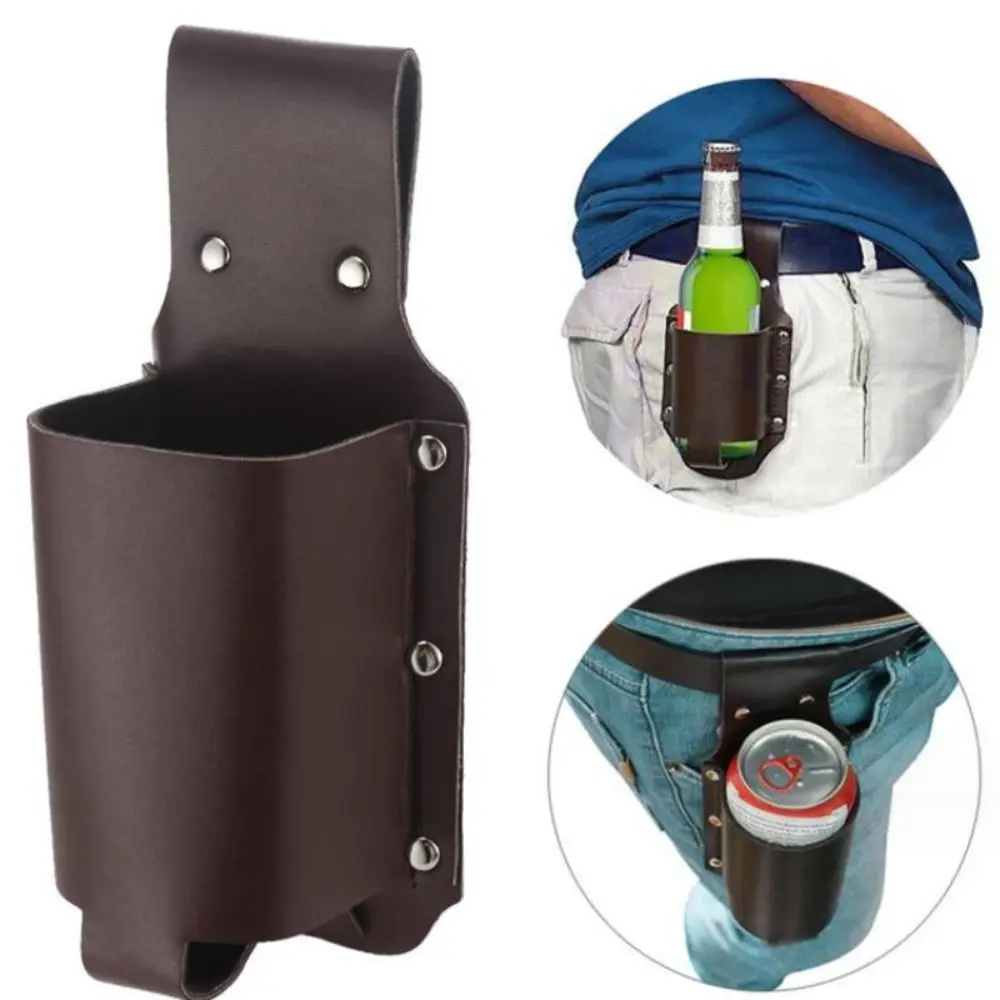 Estuche de cintura de cuero PU para botella de cerveza con soporte para bolígrafo, estilo colgante, para botellas de vino, portavasos portátil, bolsa de cinturón de cuero para bebidas