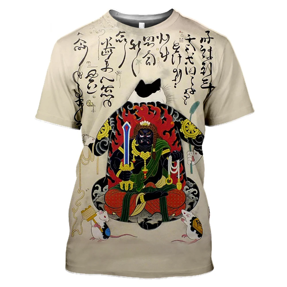 2024 Retro T-shirt Men Women Samurai Cat Tattoo Shirt For Men 3d Print Cool Classic Art Shirt For Summer Round Collar Tops Tees