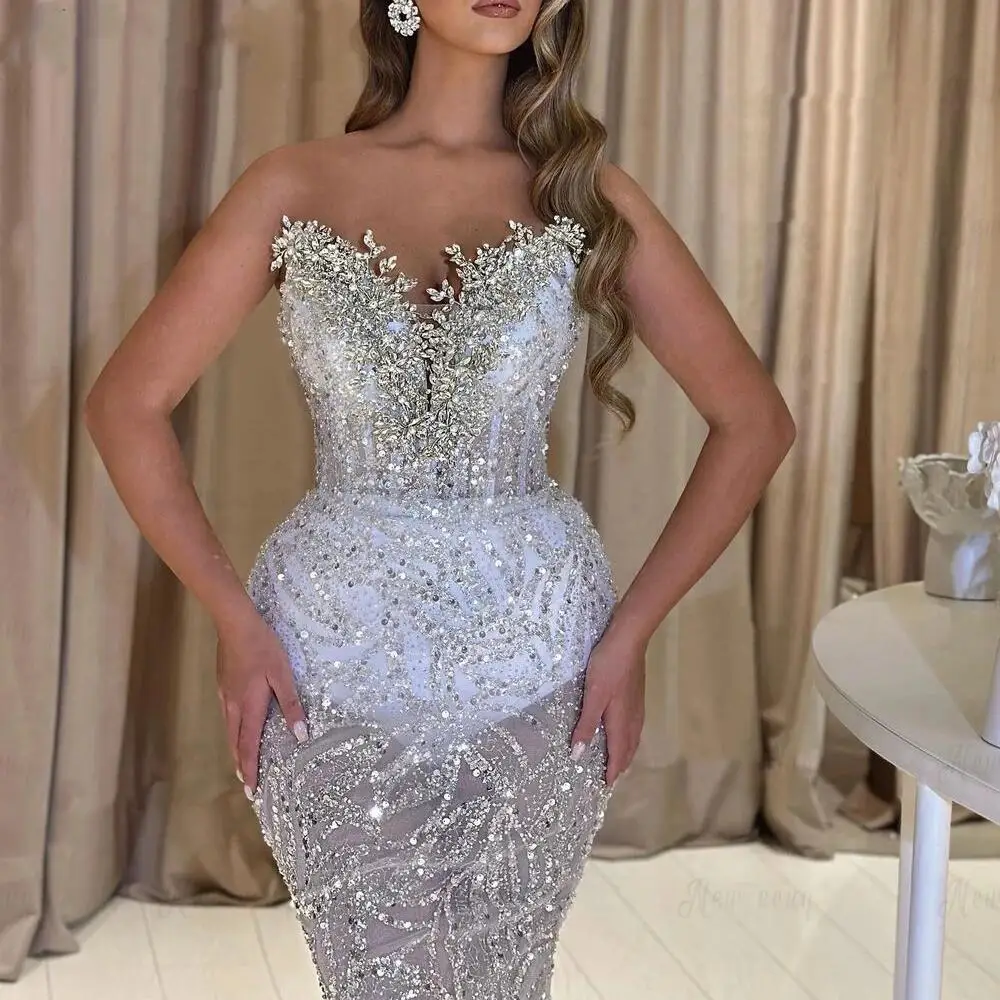 

Gorgeous Crystal Mermaid Evening Dresses Sequined Beading Banquet Party Prom Gowns Custom Made Robe De Soirée