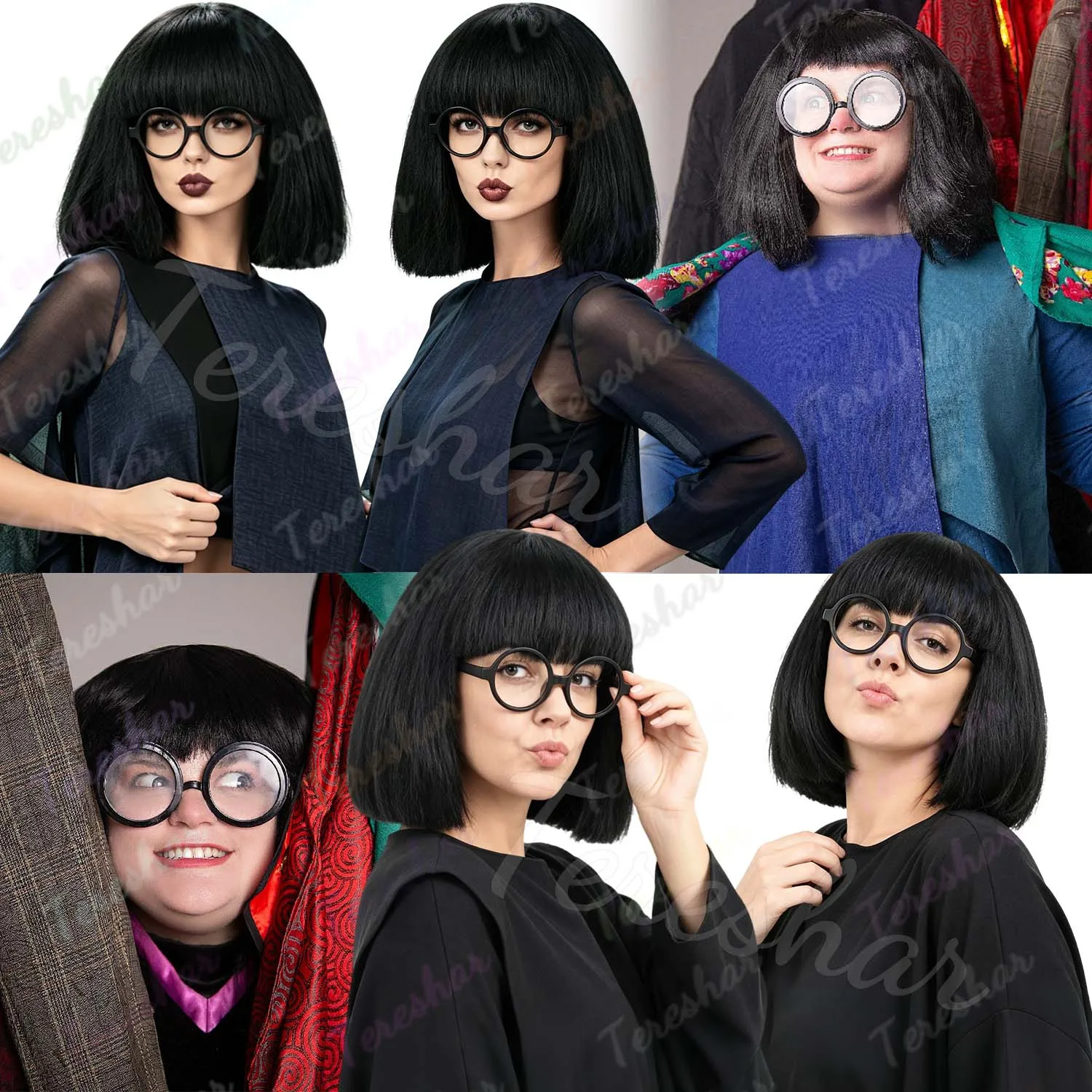 Synthetic Black Bob Wig with Bangs+Glasses Frame for Women, Edna Mode Costume Fluffy Yaki Bob Wigs for Halloween Cosplay Party
