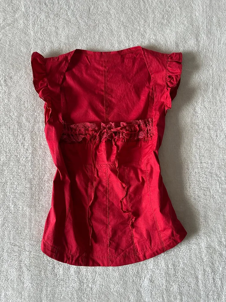 우아한 빈티지 레드 셔츠 여성용 아름다운 플라잉 슬리브 탑 편안한 면 혼방 레귤러 핏 버튼 디테일 캐주얼 셔츠