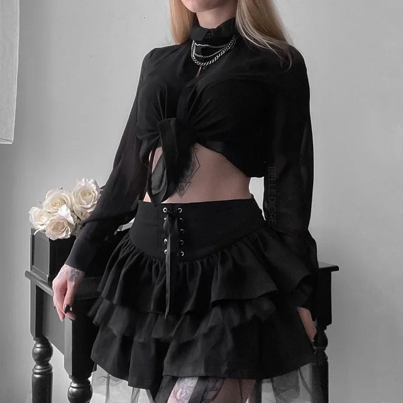 Women Lace Mesh Patchwork Up Mall Goth Mini Skirt Dark Academia Aesthetic Vintage Black Pleated Skirts Harajuku Punk Emo Style