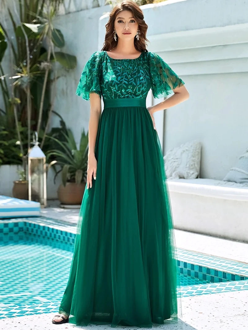 Elegante Abendkleider mit Pailletten-Print, Maxi-Länge, mit Flügelärmeln, A-Linie, Ever Pretty aus Gaze, Burnt Orange Brautjungfernkleid – Detail 8