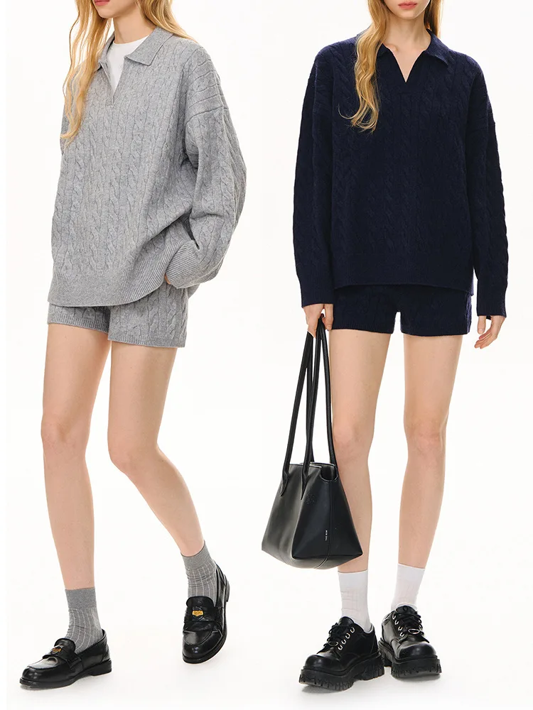 Simple And Casual Twisted Fabric Suit POLO Collar Cotton Cardigan Soft And Comfortable Knitted Sweater / Knitted Shorts For Wome