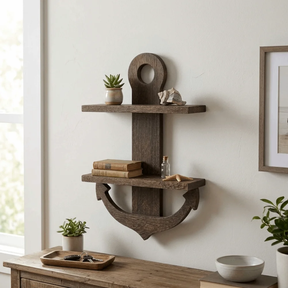 Decorative Wooden Anchor Design Wall Shelf Nautical Style Double-Layer Floating Shelves Retro Modern Display Rack Bathroom