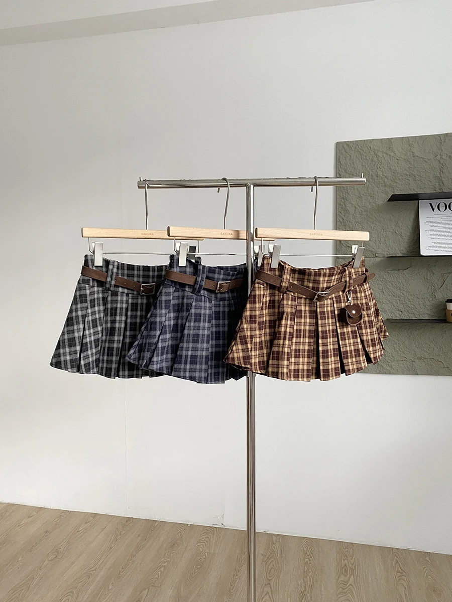 Damska spódnica mini z wysokim stanem na jesień i zimę, z mieszanki wełny, plisowana, w stylu streetwear, vintage, w kratę, krótki fason A-line.