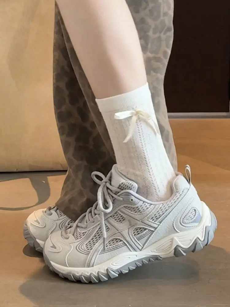 Women's Dad Shoes Thick Sole Breathable Spring Autumn Sports Casual Mesh Sneakers Korean Style Low Top Lace up Flat Arch Support