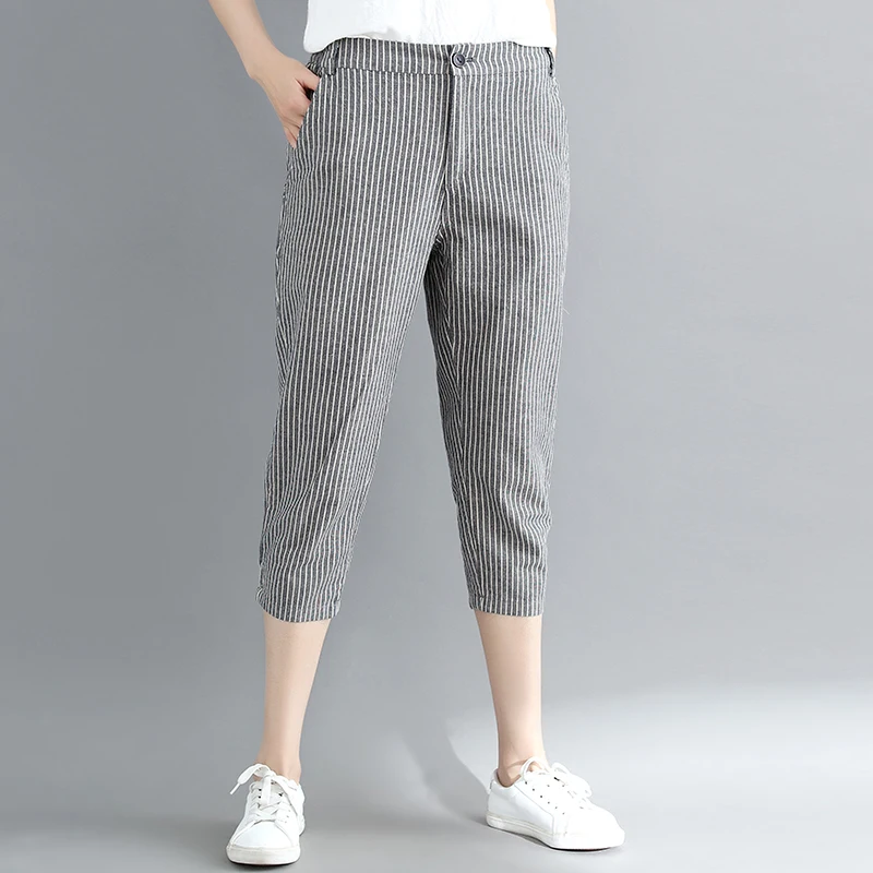 Taille haute coton lin sept pieds pantalon rayé chou Harlan pantalon asymétrique pantalons décontractés pour les femmes trajet Sle