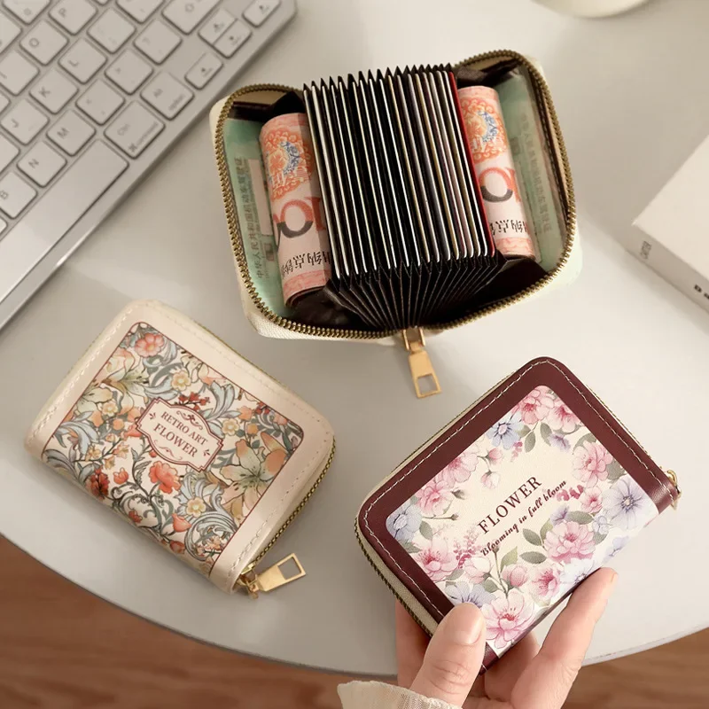 Pu Leather Large Capacity Credit Card Bag Multifunctional Zipper Flower Print Id Business Card Clip Hot Sales for Women Girl