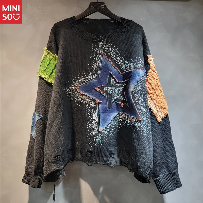 

Miniso 2025 Women's Oversized Patchwork Sweater, Color Block Distressed Knit Pullover