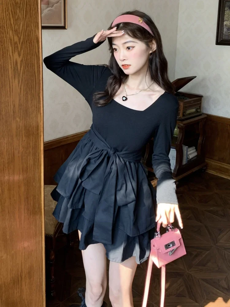 Mini abito nero per donna Abito da ballo lavorato a maglia Design con fiocco tenero Dolce principessa per ragazze Estetica alla moda Autunno Inverno Stile francese