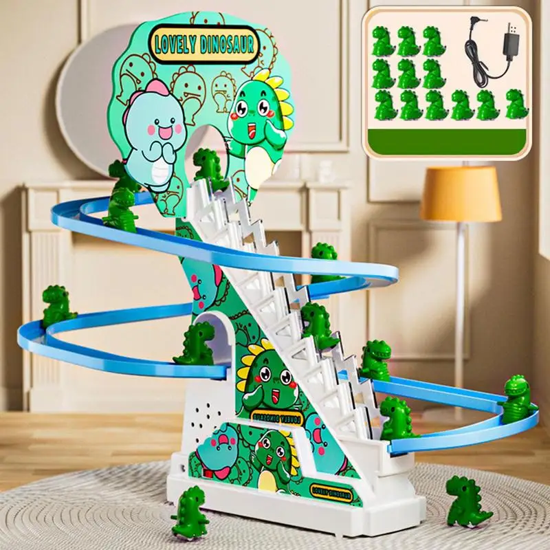 Electric Dinosaur Climbing Stairs Slides Set with LED Flashing Lights Music Race Car Tracks Roller Coaster Kids Educational Toys