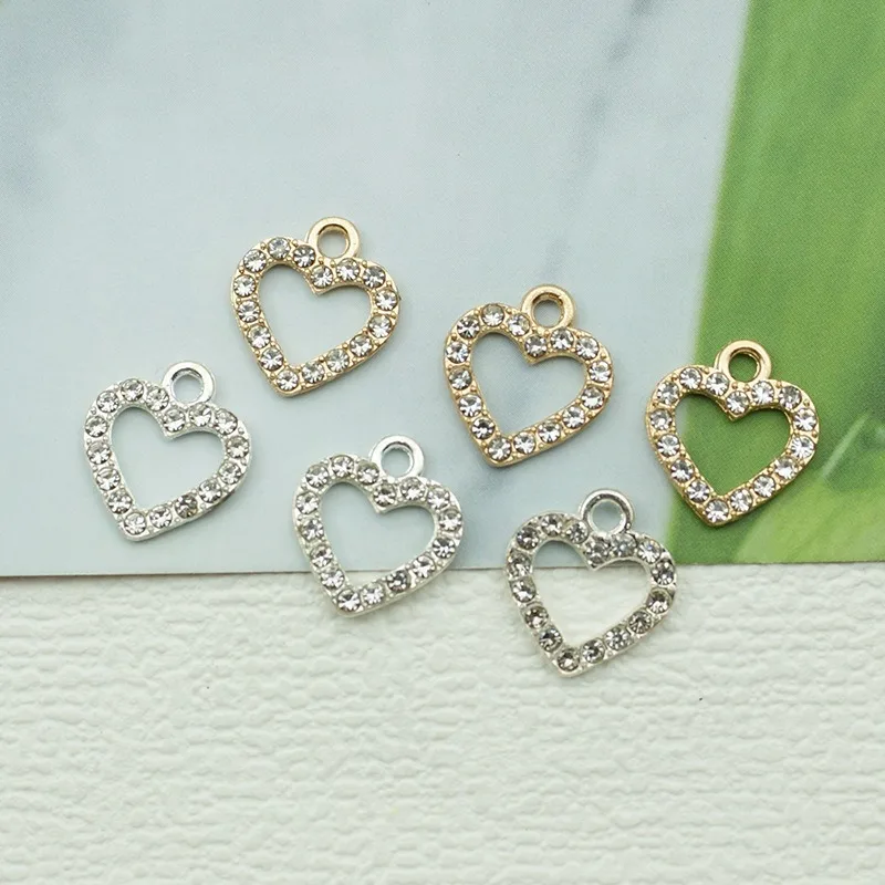 

10pcs Full Diamond Gold and Silver Heart Pendant Spring Summer Hot Selling Bracelet Necklace Bead Buckle Accessories Wholesale