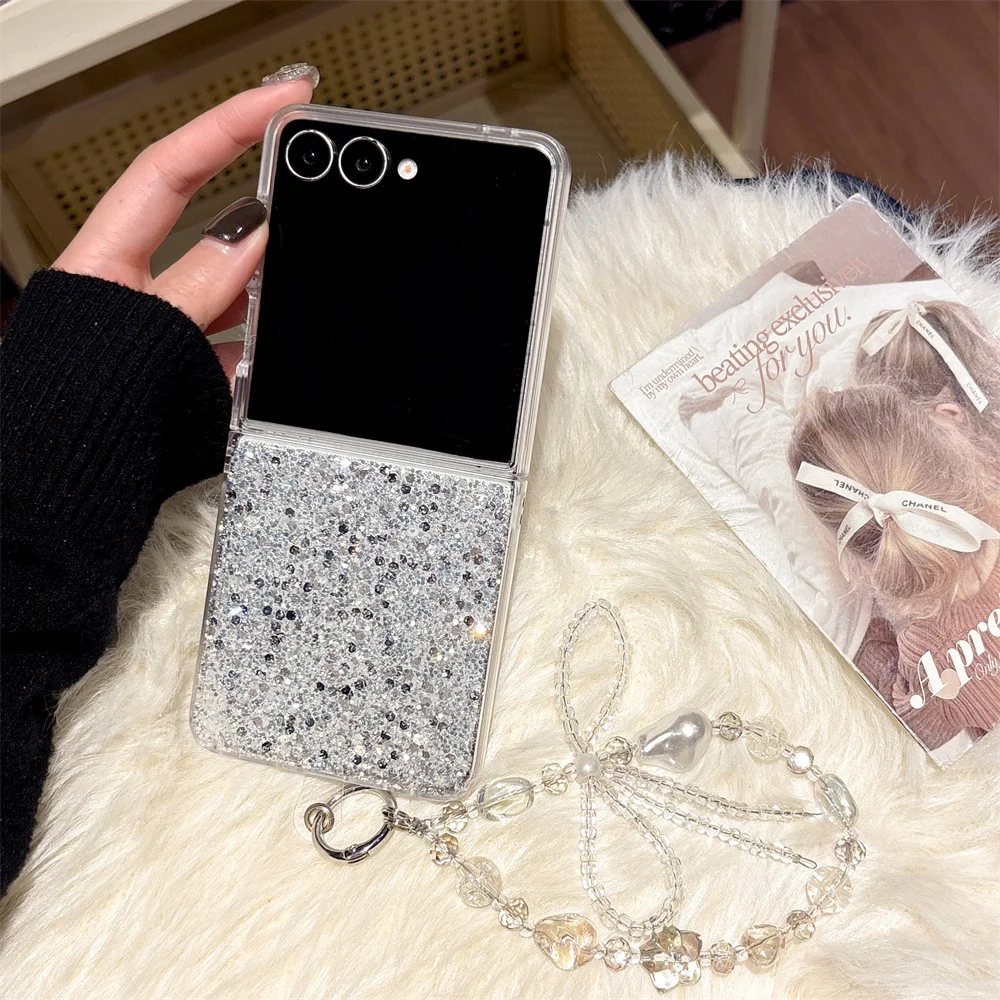 Chic Elegant Shiny Silver Glitter Sequins Phone Case for Samsung Galaxy Z Fold 7 Crystal Bow Bead Strap Cover for Z Flip 7-3