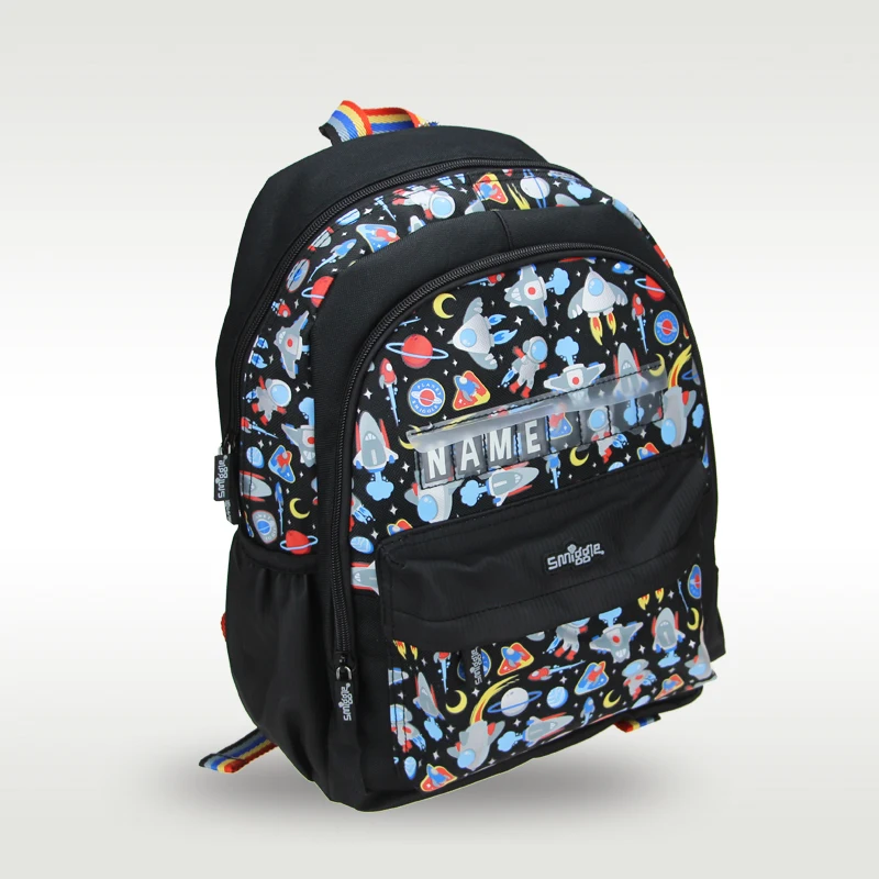 Saco de Escola Infantil Original, Foguete Astronauta Preto Suprimentos, Mochila de Nome do Menino, 4 a 7 Anos, 14"