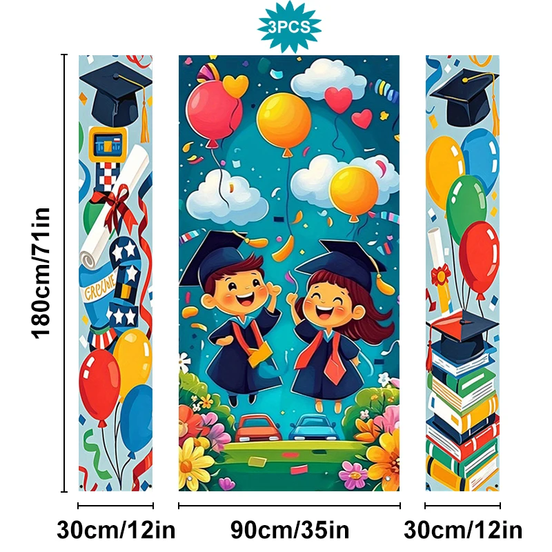 2D Flat 3-Piece Graduation Door Banner Set, 1 Pair Couplet & 1 Banner, Ideal for Porch & Wall Decoration