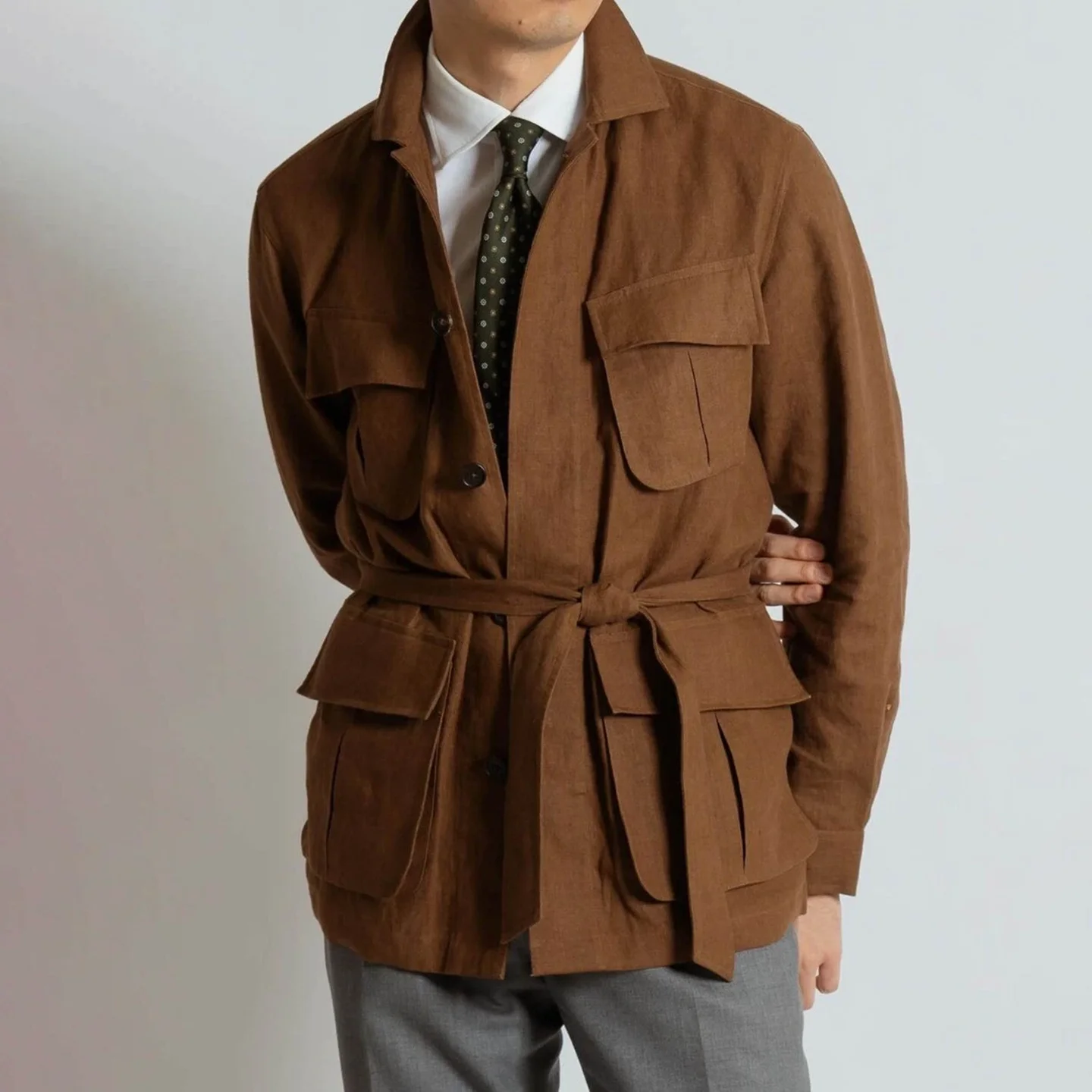

Casual Brown Men Retro Suit Single Breasted Jacket Business Single Breasted with Belt Notch Lapel Party Suits Male Customized