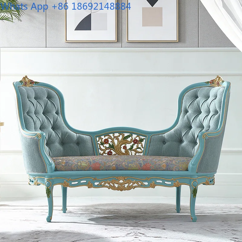 French Retro Solid Wood Chaise Longue European Style Villa Furniture Master Bedroom Bed End Stool Fabric Leisure Single Chair