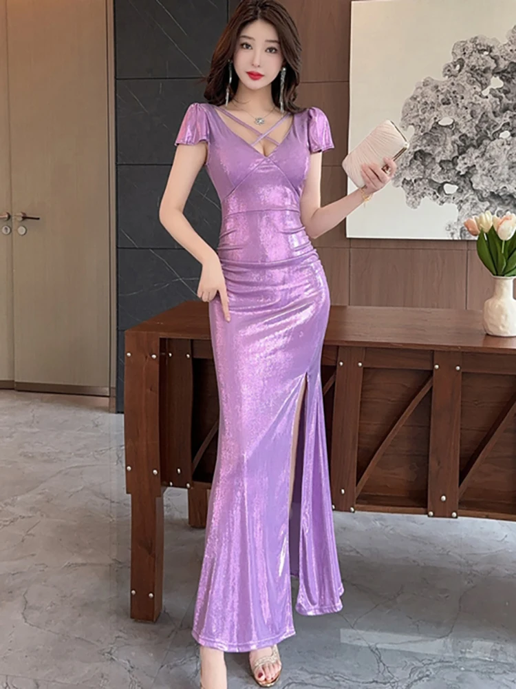 

2025 New Purple Satin Short Sleeve V-Neck Sexy Dress Summer Elegant Luxury Ruffled Slit Dress Women Korean Bodycon Long Dresses