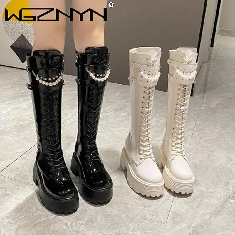 Winter Leather Warm Plush Boots Women Pearl Knee High Boots Casual Chunky Punk Shoes Woman 8.5CM High Heels Platform Long Boots