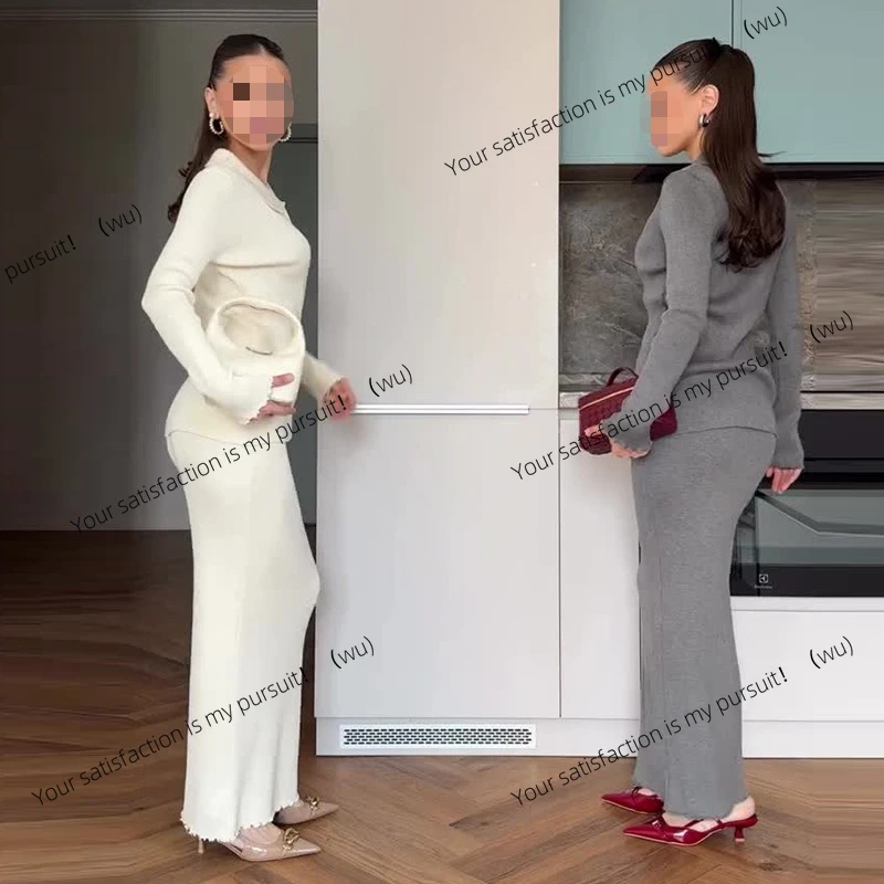 

Осенняя новая европейская и американская женская одежда, простой трикотажный комплект с воротником-поло и длинными рукавами